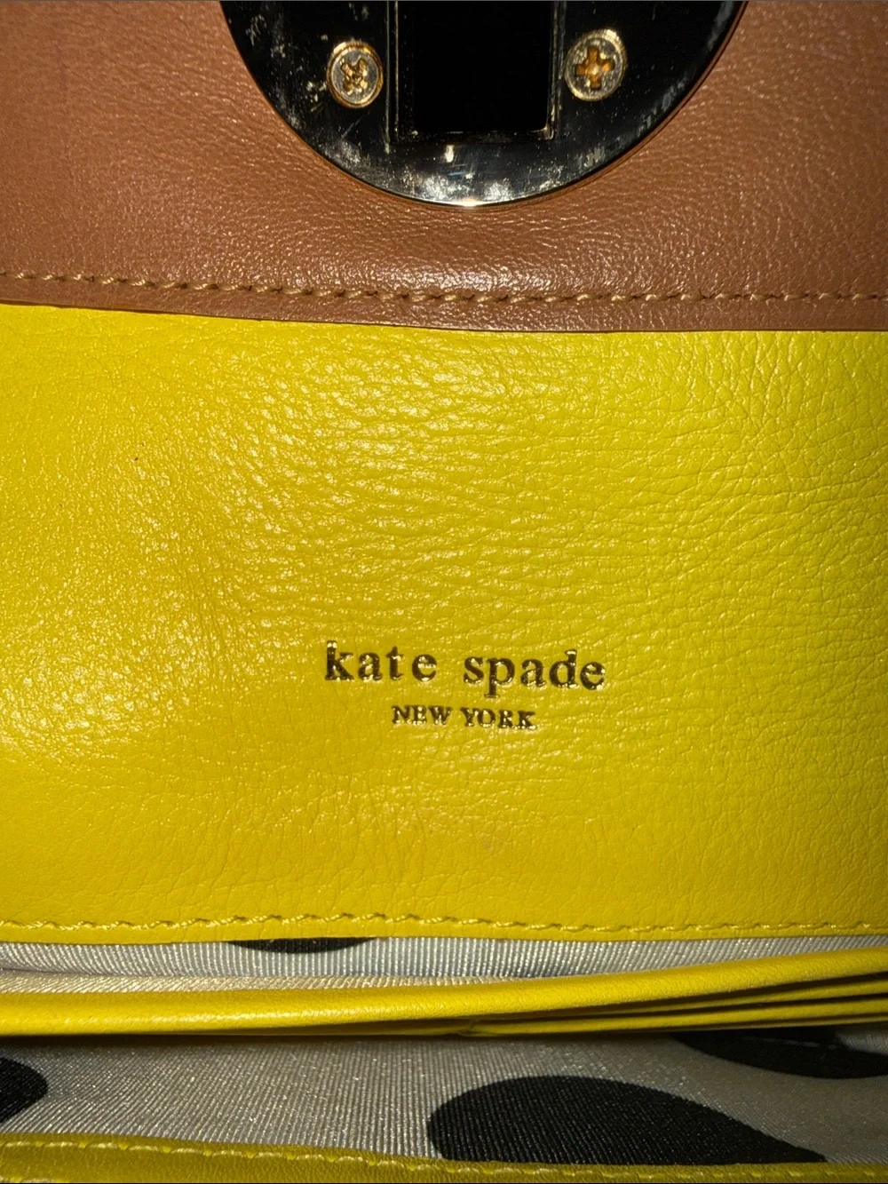 Kate Spade Tan Leather Turnlock Flap Wallet Yellow & Polka Dot Interior